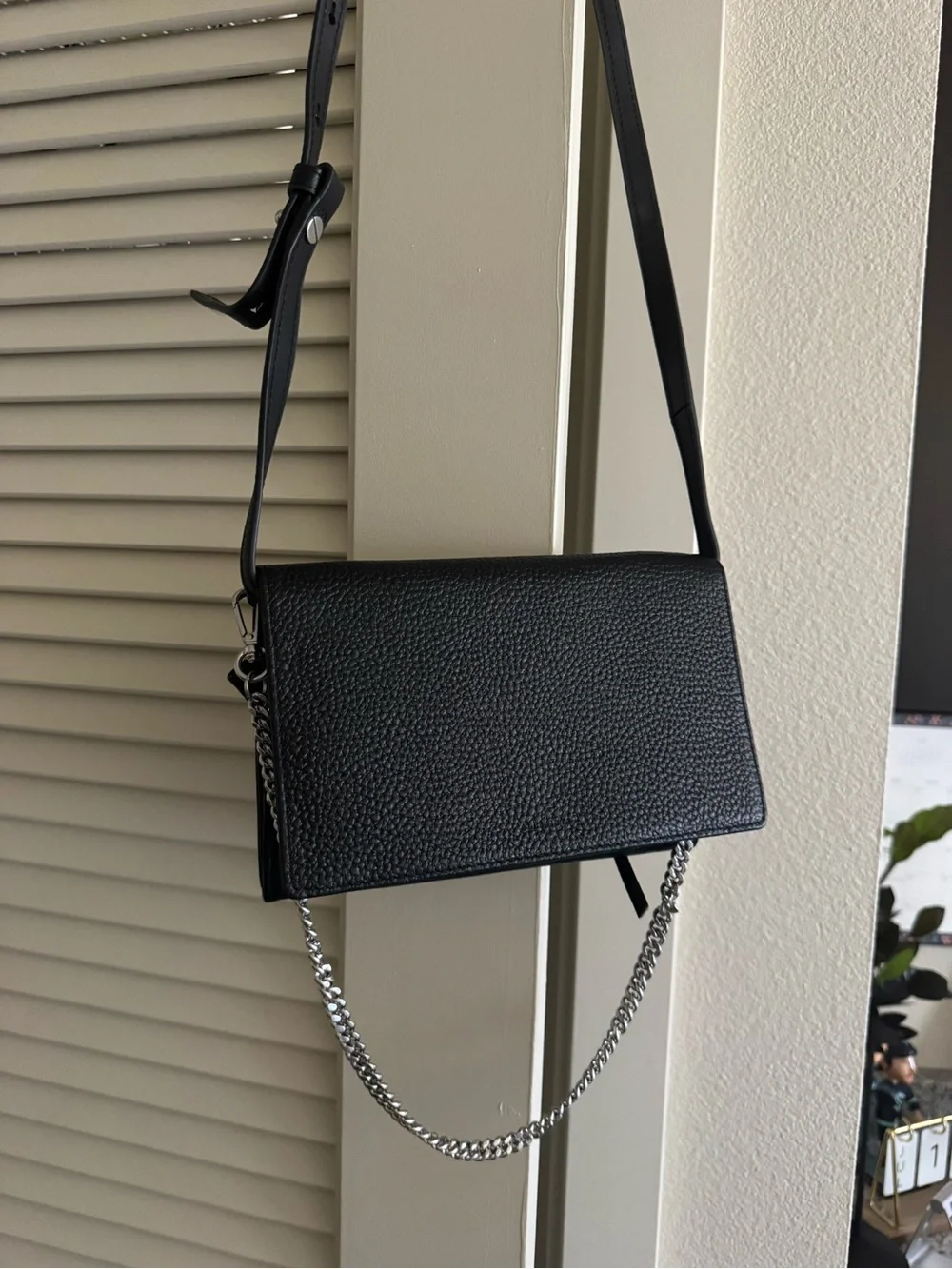 AllSaints Black Pebbled Leather Crossbody Wallet with Chain